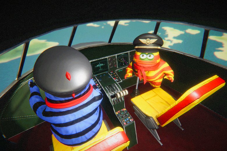 A character flies the plane from the cockpit