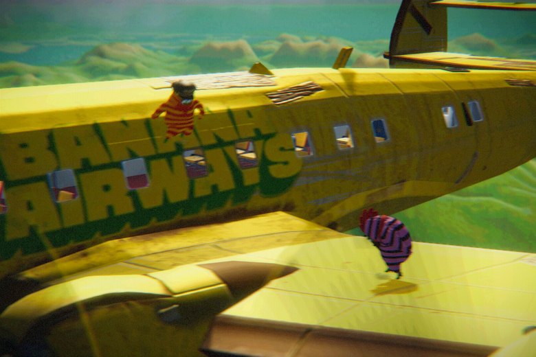 A character out on the wing mid-flight